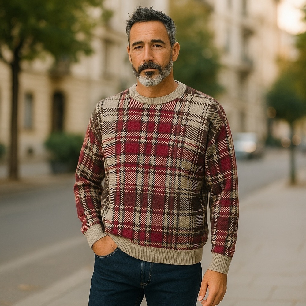 Woods And Gray Men’s Size L Brown 100% Cotton Crew-neck Vintage Plaid Sweater